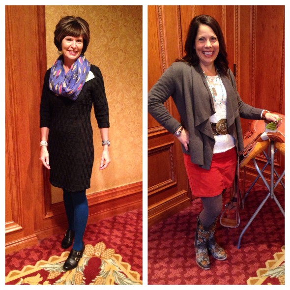 ICA’s President-Elect, Laurie Lickley (left), paired her little black dress with a pair of blue tights, and topped with off with a chic feather print scarf. On the right, Heather Tiel-Nelson isn’t afraid of a little color, rocking a orange skirt with brown tights and floral embroidered boots. Her wide belt and buckle really tie it all together! 