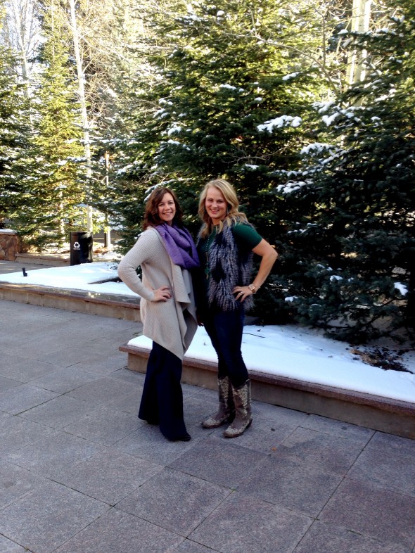 Maggie Malson, left, pulled off the “effortlessly fashionable” vibe that every woman wants, in a pair of dark wash denim trousers, snip toe boots, and high-low cardigan. I took the comfortable route, pairing a piko tunic with my favorite fur vest, denim leggings and Corral boots. 